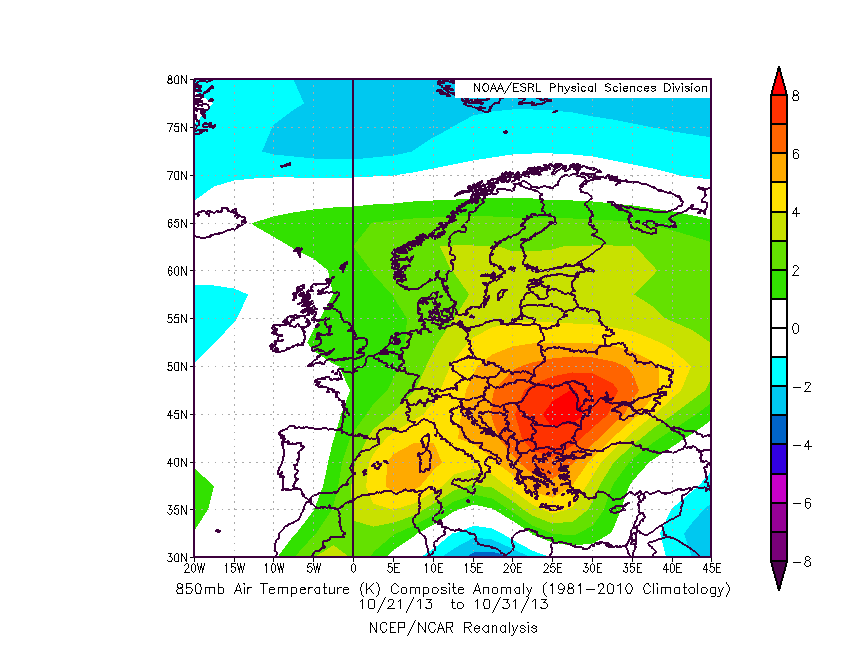 Meteo ASSAM Regione Marche - Anomalia temperatura 850mb Europa decade 3 ottobre 2013
